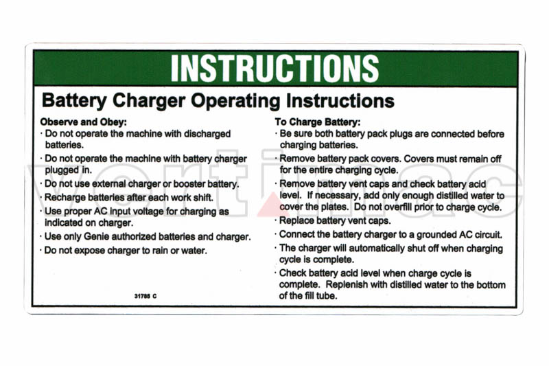 Decal, battery charge instructions - Decal, Genie - Safety, maintenance -  Spare parts